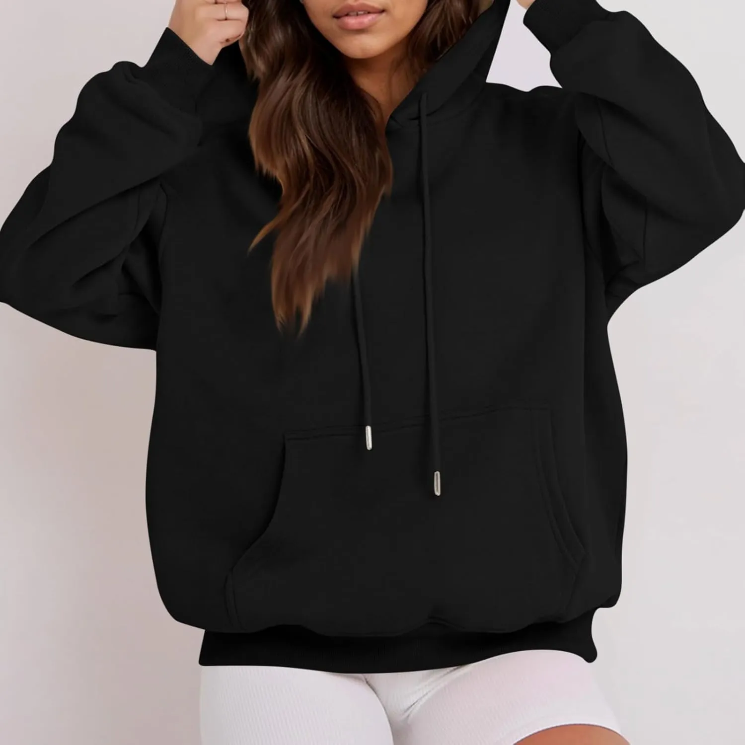 Fleece Hoodie Women Thick Soft Drawstring Oversized Sweatshirt Casual Plain Long Sleeve Pullover Tops with Pockets