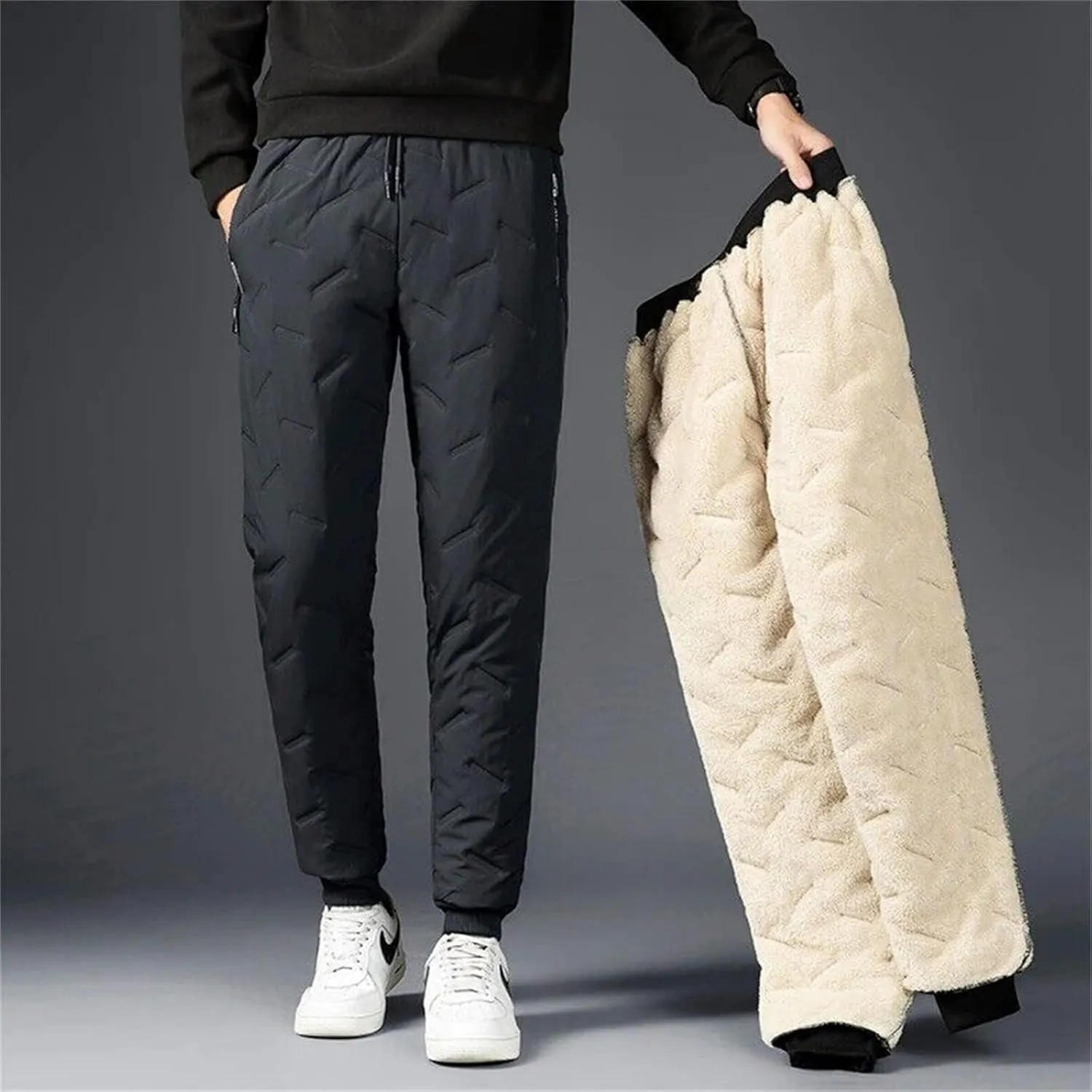 Fleece Lined Casual Pants for Men Elastic Waist Drawstring Comfy Tapered Trousers Plus Size Winter Jogging Pants with Pockets