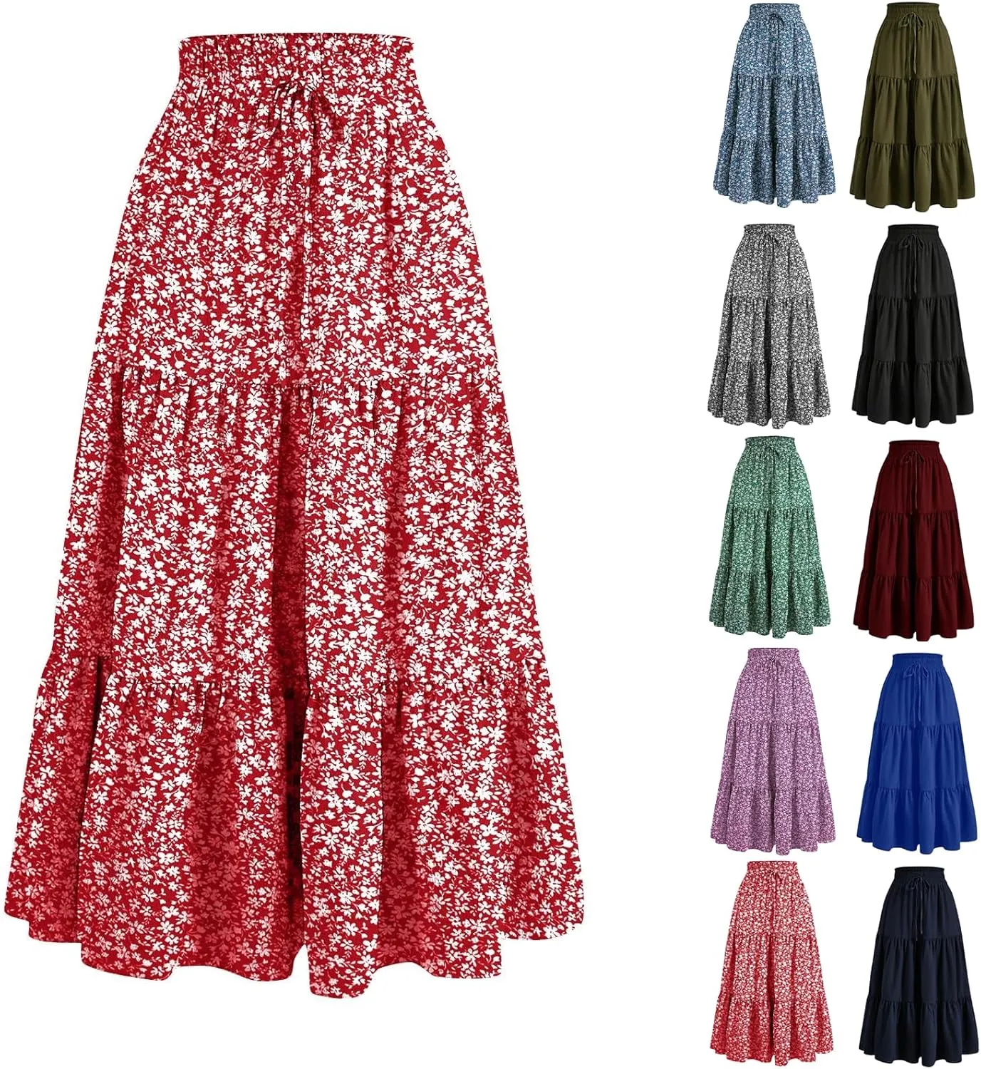 Floral Maxi Skirts for Women High Waisted Ankle Length Flared Skirt Drawstring Casual Boho Flowy A-Line Skirts