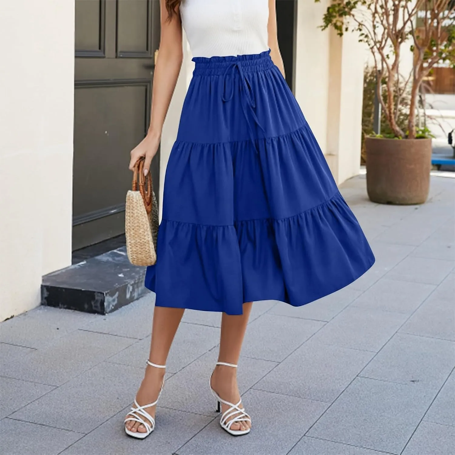 Floral Maxi Skirts for Women High Waisted Ankle Length Flared Skirt Drawstring Casual Boho Flowy A-Line Skirts