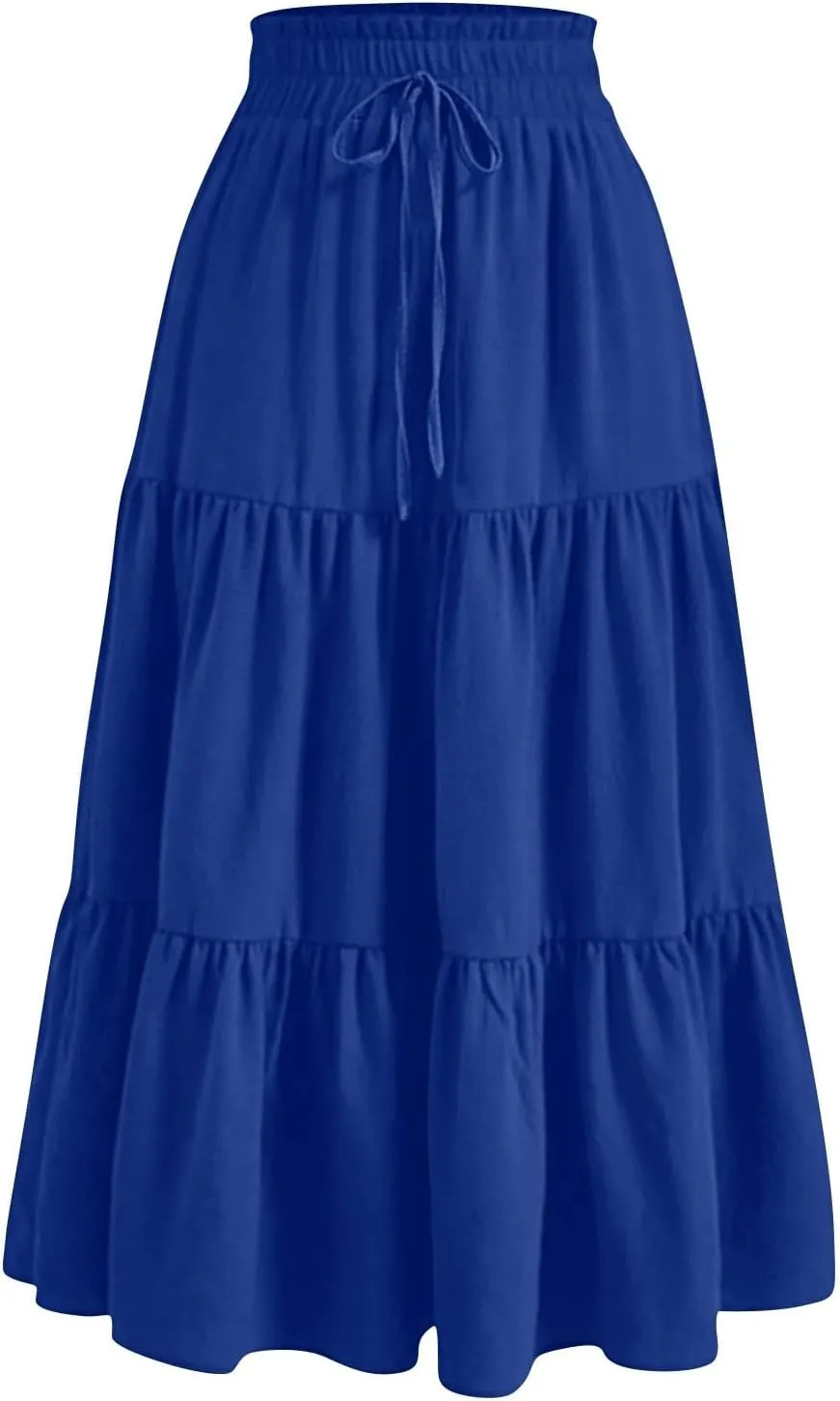 Floral Maxi Skirts for Women High Waisted Ankle Length Flared Skirt Drawstring Casual Boho Flowy A-Line Skirts