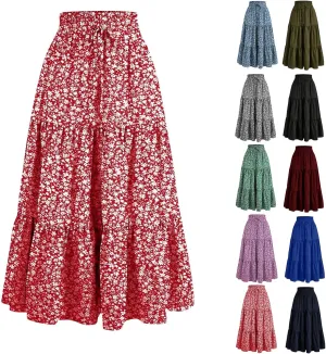 Floral Maxi Skirts for Women High Waisted Ankle Length Flared Skirt Drawstring Casual Boho Flowy A-Line Skirts