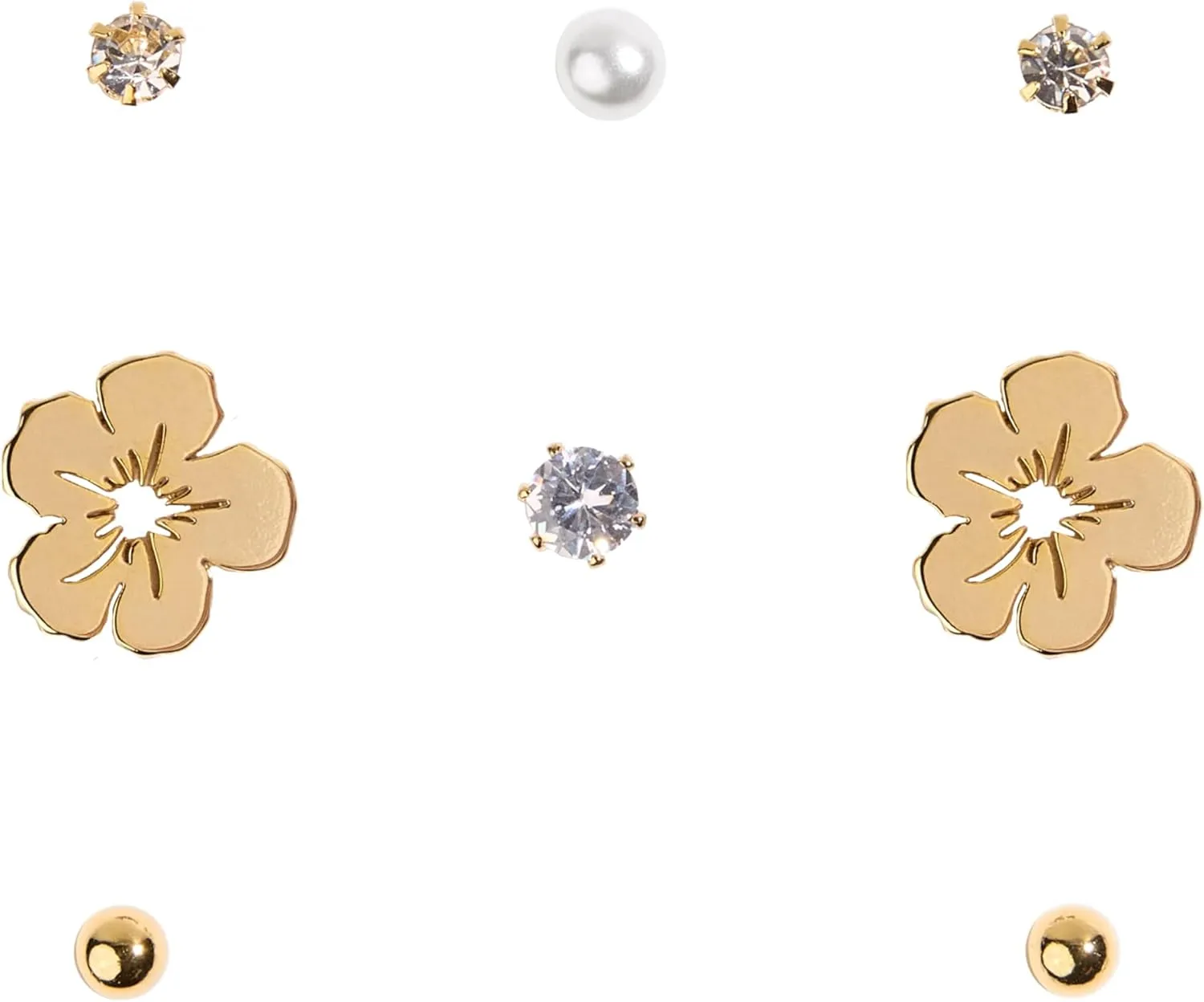 Flower Stud Earring Set  Gold-Plated 8-Piece Mini Earrings with CZ, Pearl, and Floral Design | Delicate Earring Pack for Multiple Piercings