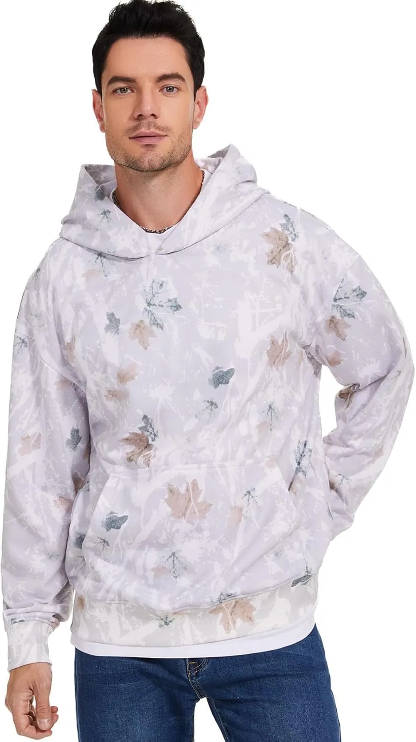Flygo Mens Camo Hoodie Maple Leaf Print Hooded Sweatshirt Oversized Casual Long Sleeve Graphic Hoodies Fashion Pullover