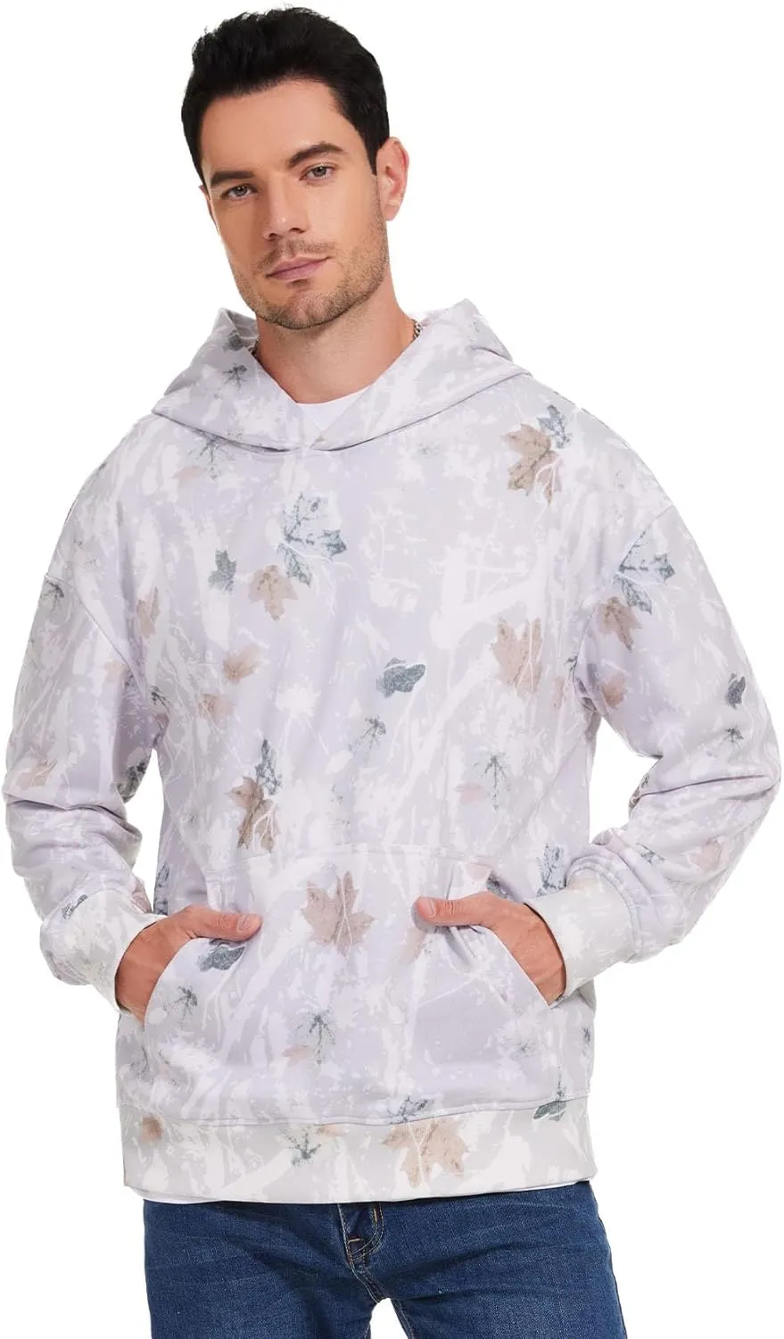 Flygo Mens Camo Hoodie Maple Leaf Print Hooded Sweatshirt Oversized Casual Long Sleeve Graphic Hoodies Fashion Pullover