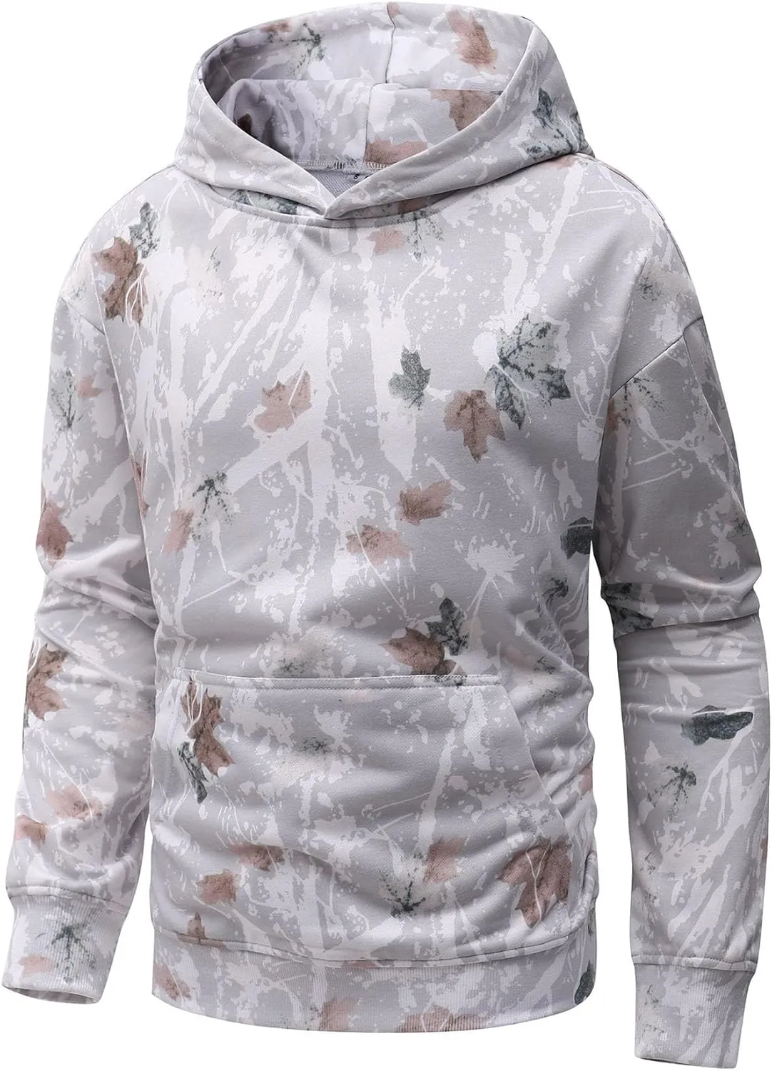 Flygo Mens Camo Hoodie Maple Leaf Print Hooded Sweatshirt Oversized Casual Long Sleeve Graphic Hoodies Fashion Pullover