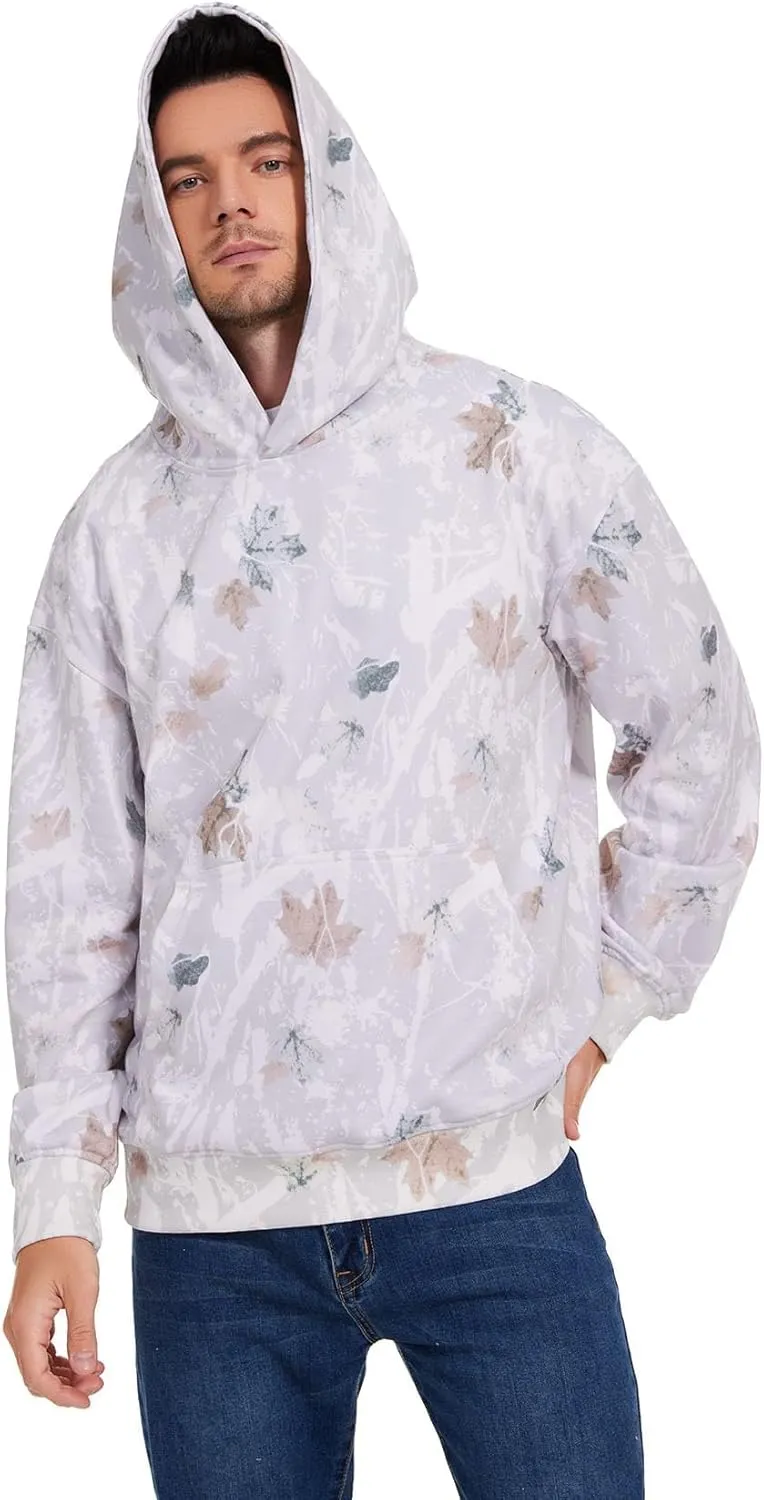 Flygo Mens Camo Hoodie Maple Leaf Print Hooded Sweatshirt Oversized Casual Long Sleeve Graphic Hoodies Fashion Pullover