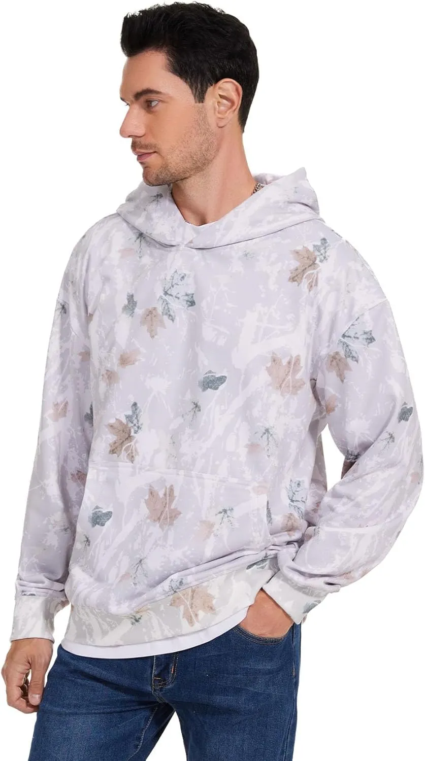Flygo Mens Camo Hoodie Maple Leaf Print Hooded Sweatshirt Oversized Casual Long Sleeve Graphic Hoodies Fashion Pullover