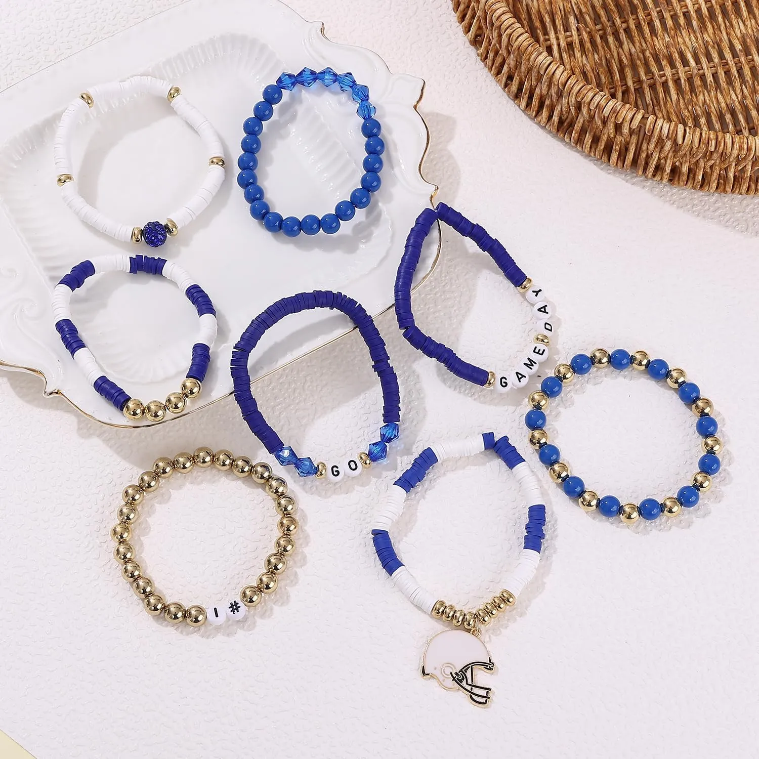 Football Bracelets for Women Game Day Bracelets for Women Beaded Sports Bracelets Clay Heishi Stackable Stretch Bracelets Set Game Day Outfits Accessories Football Bracelets Bulk Football Jewelry
