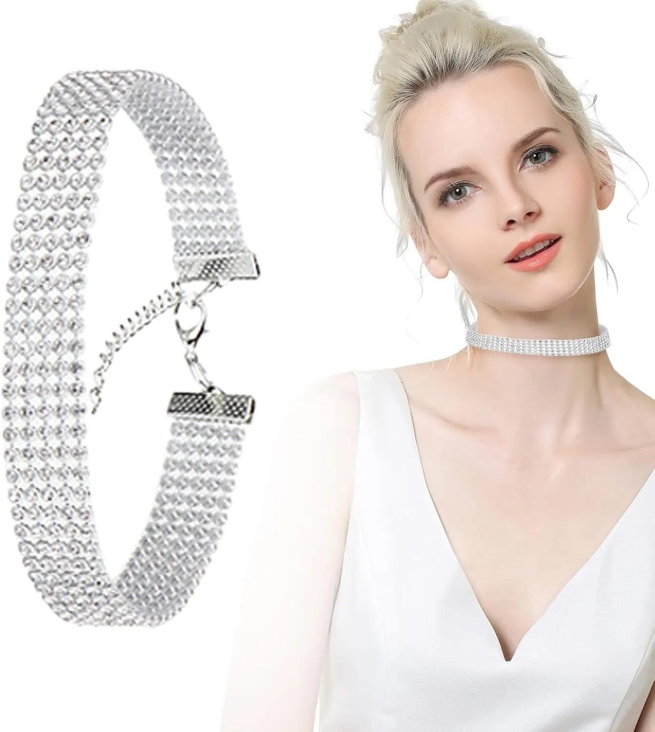 Full Shiny Choker Necklace Silver Diamond Row Necklaces Sparkly Layered Necklace Chain Jewerly Prom Accessories for Women