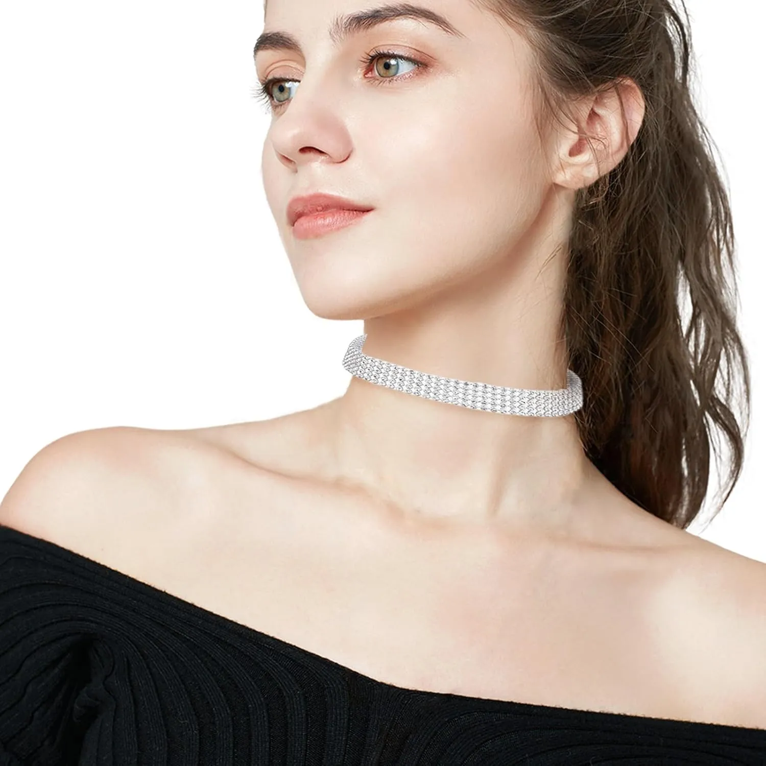 Full Shiny Choker Necklace Silver Diamond Row Necklaces Sparkly Layered Necklace Chain Jewerly Prom Accessories for Women