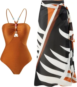 FYMNSI Women Sexy One Piece Bathing Suit with Swimsuit Coverup Adjustable Back Strap Bikini Sets Beach Sarong Cover Up Skirt