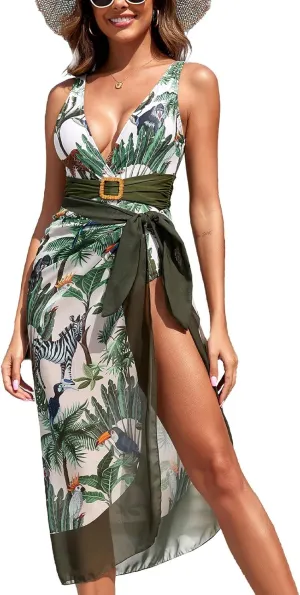 FYMNSI Women Sexy One Piece Bathing Suit with Swimsuit Coverup Adjustable Back Strap Bikini Sets Beach Sarong Cover Up Skirt