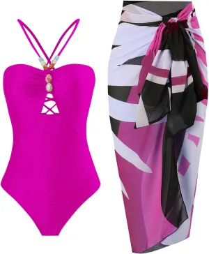 FYMNSI Women Sexy One Piece Bathing Suit with Swimsuit Coverup Adjustable Back Strap Bikini Sets Beach Sarong Cover Up Skirt