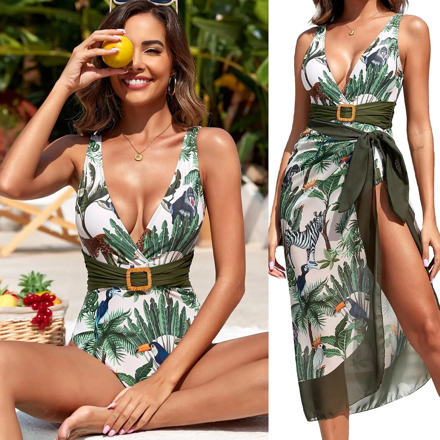 FYMNSI Women Sexy One Piece Bathing Suit with Swimsuit Coverup Adjustable Back Strap Bikini Sets Beach Sarong Cover Up Skirt
