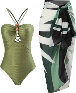 FYMNSI Women Sexy One Piece Bathing Suit with Swimsuit Coverup Adjustable Back Strap Bikini Sets Beach Sarong Cover Up Skirt