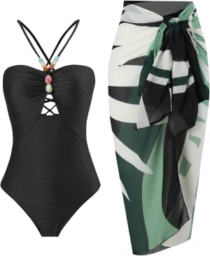 FYMNSI Women Sexy One Piece Bathing Suit with Swimsuit Coverup Adjustable Back Strap Bikini Sets Beach Sarong Cover Up Skirt
