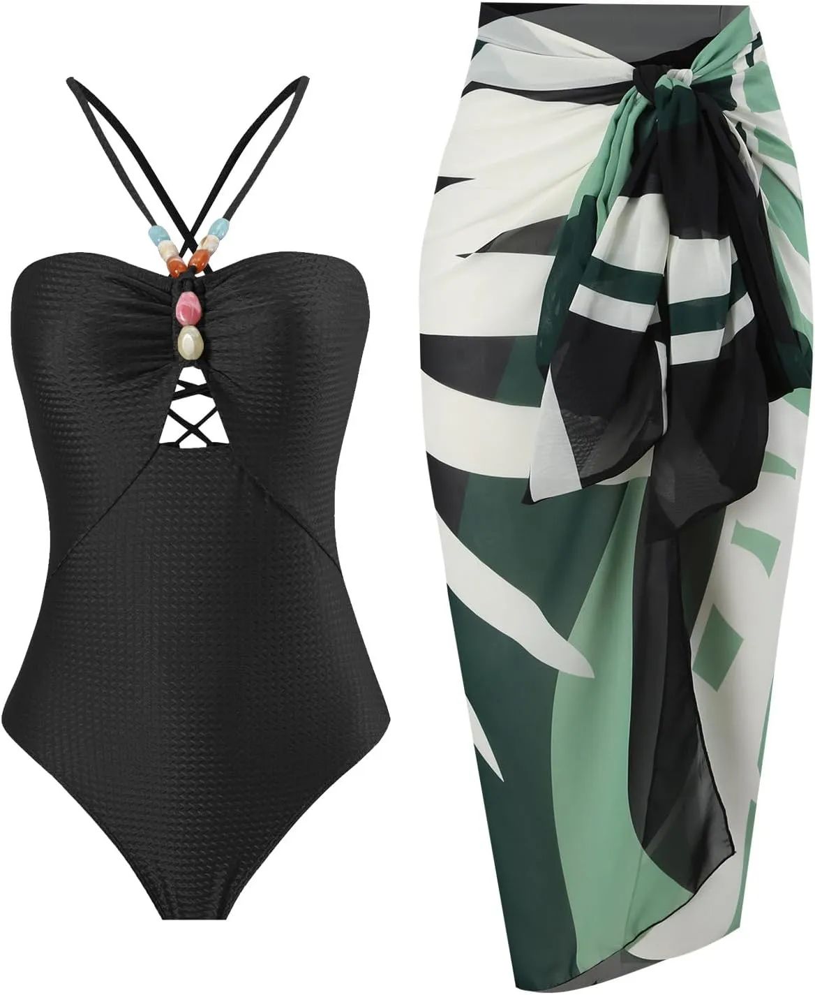 FYMNSI Women Sexy One Piece Bathing Suit with Swimsuit Coverup Adjustable Back Strap Bikini Sets Beach Sarong Cover Up Skirt