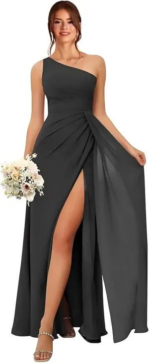 GDJDIFK One Shoulder Bridesmaid Dresses for Women Pleated Chiffon Formal Dress A-Line Wedding Guest Gown with Slit