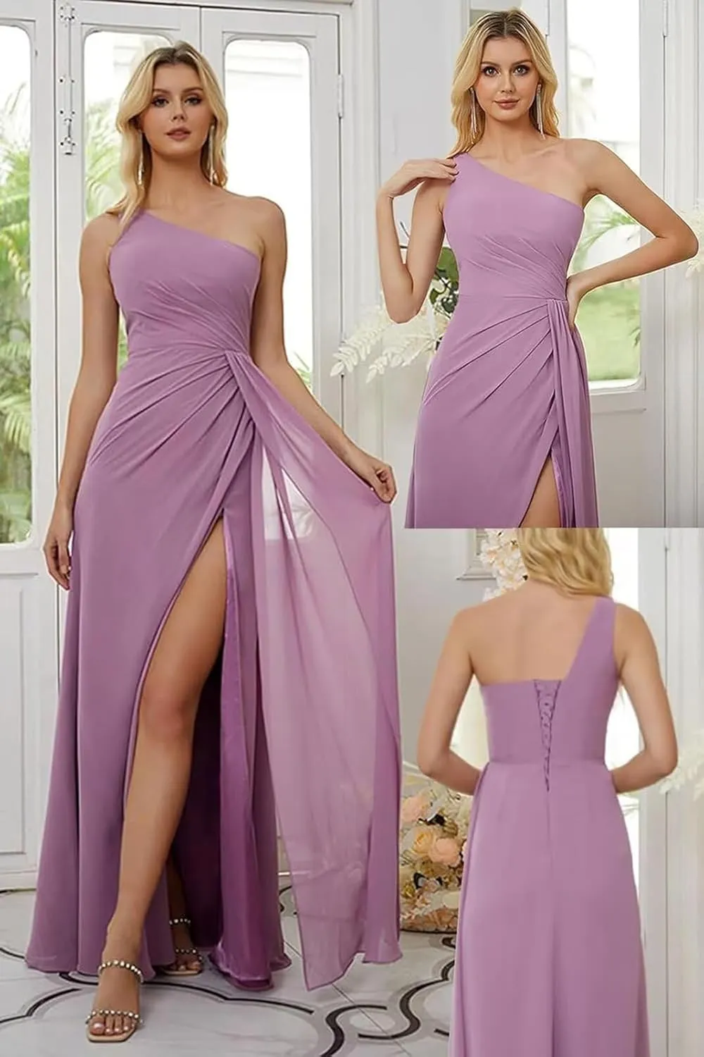GDJDIFK One Shoulder Bridesmaid Dresses for Women Pleated Chiffon Formal Dress A-Line Wedding Guest Gown with Slit