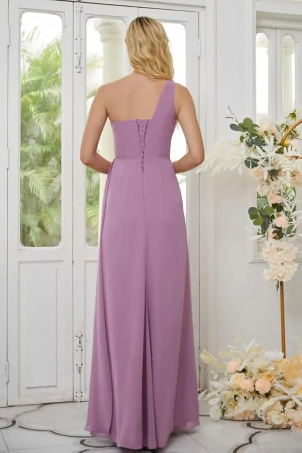 GDJDIFK One Shoulder Bridesmaid Dresses for Women Pleated Chiffon Formal Dress A-Line Wedding Guest Gown with Slit