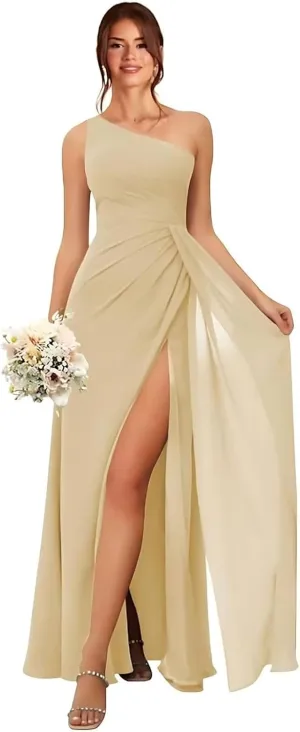 GDJDIFK One Shoulder Bridesmaid Dresses for Women Pleated Chiffon Formal Dress A-Line Wedding Guest Gown with Slit