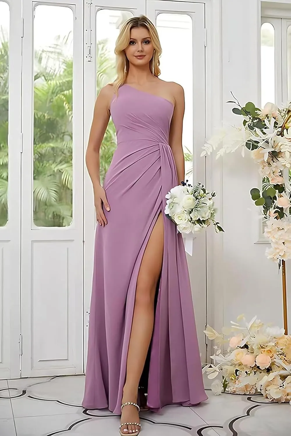 GDJDIFK One Shoulder Bridesmaid Dresses for Women Pleated Chiffon Formal Dress A-Line Wedding Guest Gown with Slit