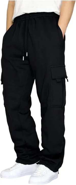 GIERIDUC Men's Fleece Cargo Sweatpants Men's Sweatpants with Pockets Mens Faux Leather Sweatpants Mens Cotton Thermal Pants