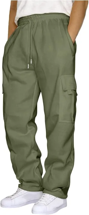 GIERIDUC Men's Fleece Cargo Sweatpants Men's Sweatpants with Pockets Mens Faux Leather Sweatpants Mens Cotton Thermal Pants