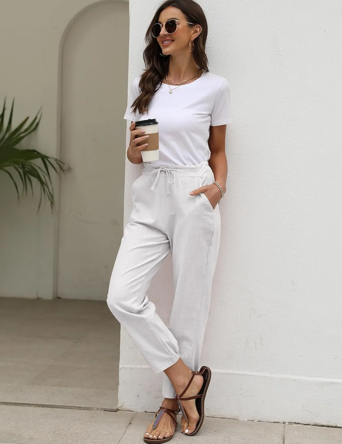 Gihuo Women's Tapered Linen Pants Casual Straight Leg Drawstring Elastic Waist Loose Comfy Joggers Trousers with Pockets
