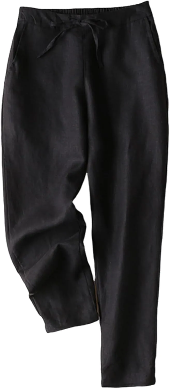 Gihuo Women's Tapered Linen Pants Casual Straight Leg Drawstring Elastic Waist Loose Comfy Joggers Trousers with Pockets