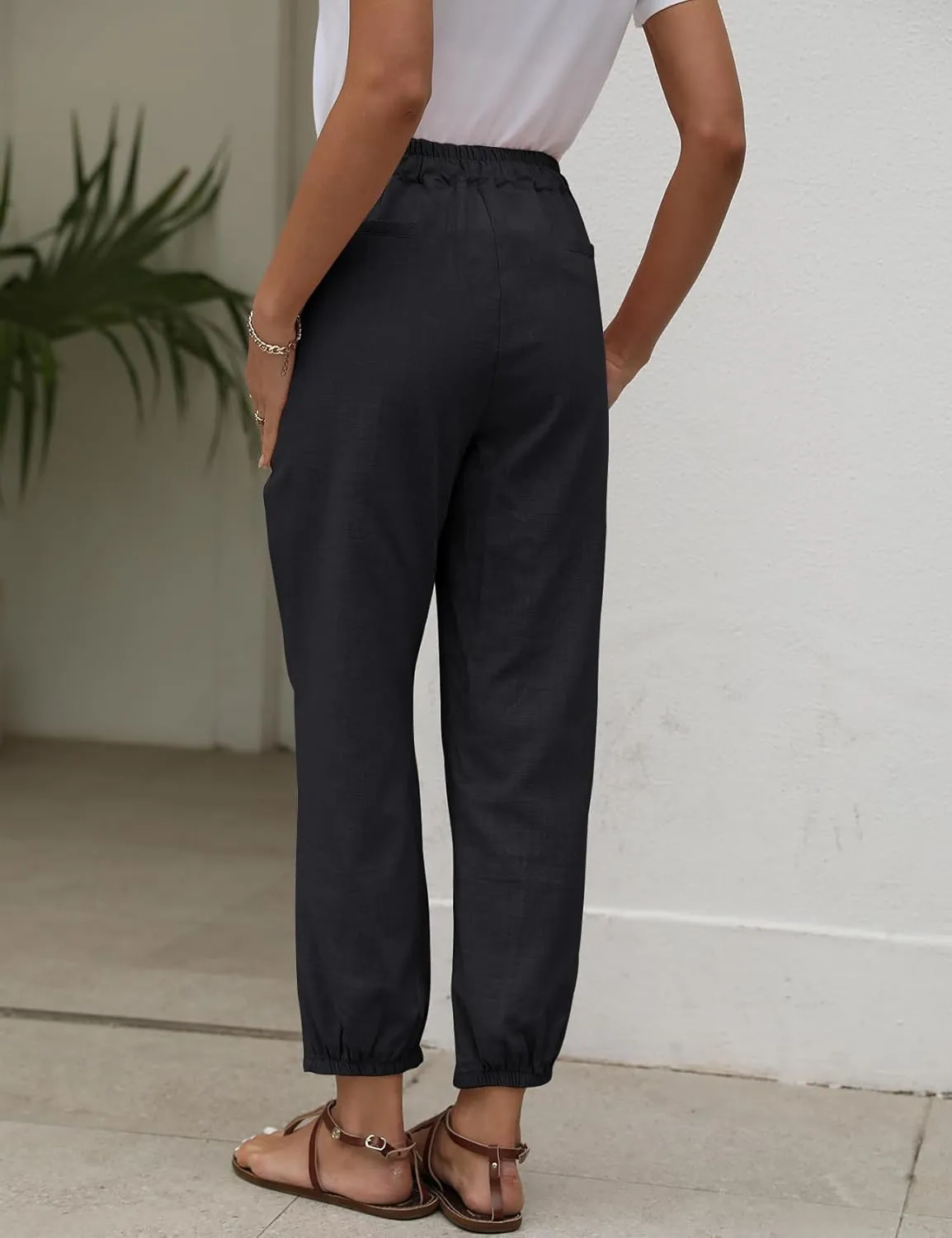 Gihuo Women's Tapered Linen Pants Casual Straight Leg Drawstring Elastic Waist Loose Comfy Joggers Trousers with Pockets