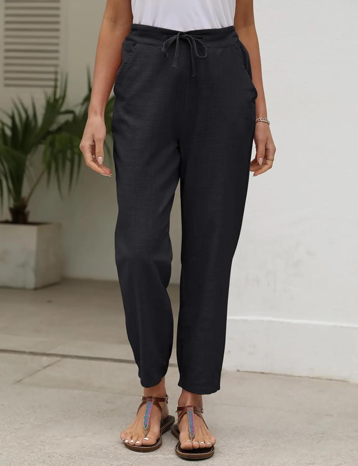 Gihuo Women's Tapered Linen Pants Casual Straight Leg Drawstring Elastic Waist Loose Comfy Joggers Trousers with Pockets