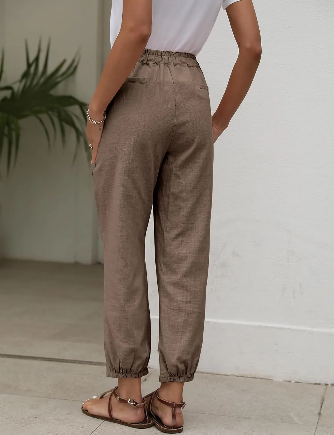 Gihuo Women's Tapered Linen Pants Casual Straight Leg Drawstring Elastic Waist Loose Comfy Joggers Trousers with Pockets