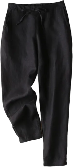 Gihuo Women's Tapered Linen Pants Casual Straight Leg Drawstring Elastic Waist Loose Comfy Joggers Trousers with Pockets