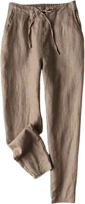 Gihuo Women's Tapered Linen Pants Casual Straight Leg Drawstring Elastic Waist Loose Comfy Joggers Trousers with Pockets