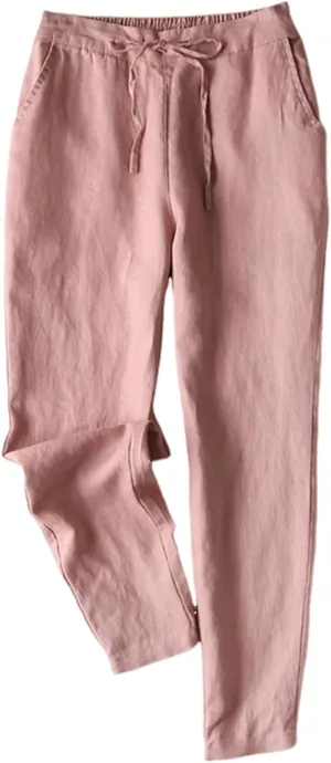 Gihuo Women's Tapered Linen Pants Casual Straight Leg Drawstring Elastic Waist Loose Comfy Joggers Trousers with Pockets