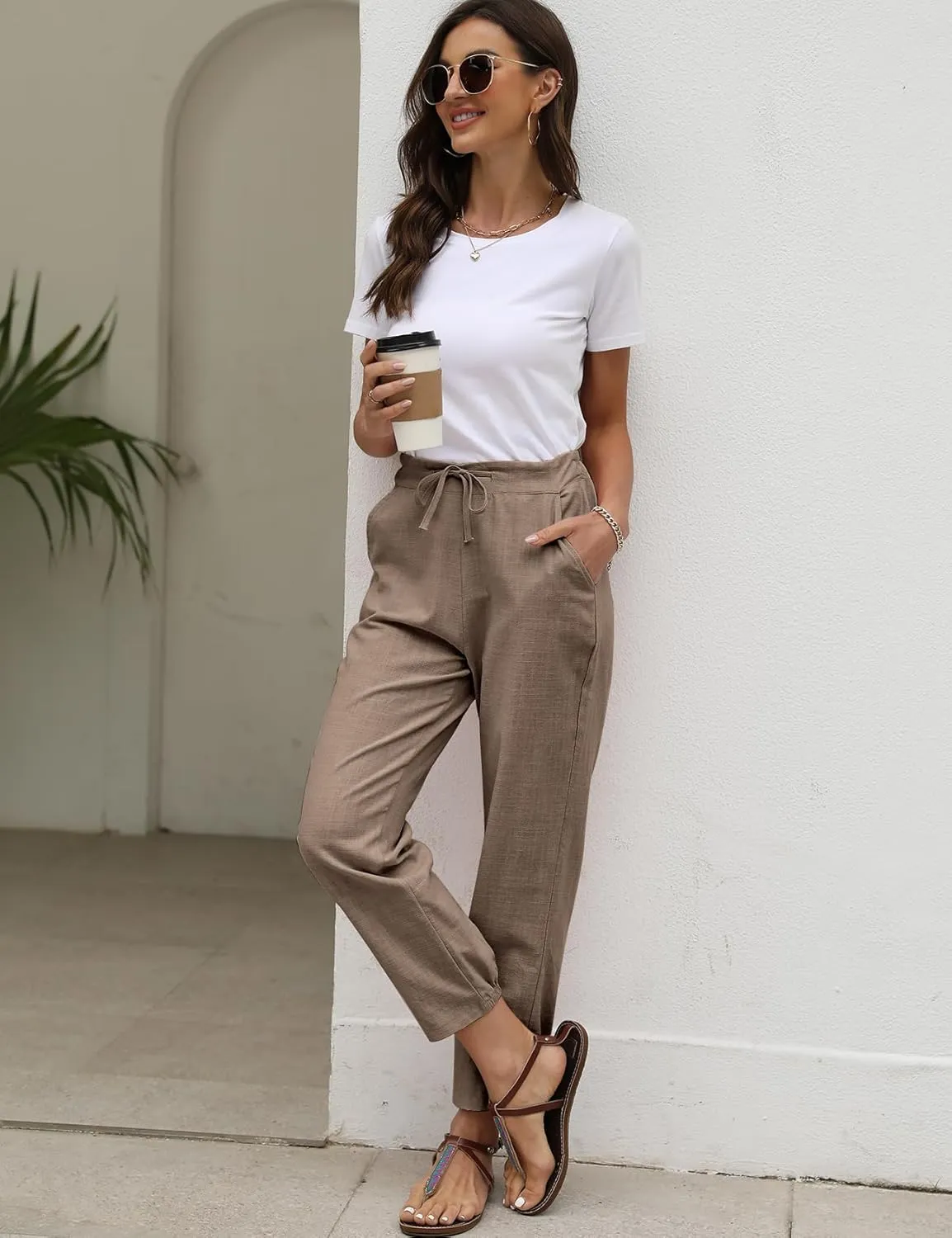 Gihuo Women's Tapered Linen Pants Casual Straight Leg Drawstring Elastic Waist Loose Comfy Joggers Trousers with Pockets