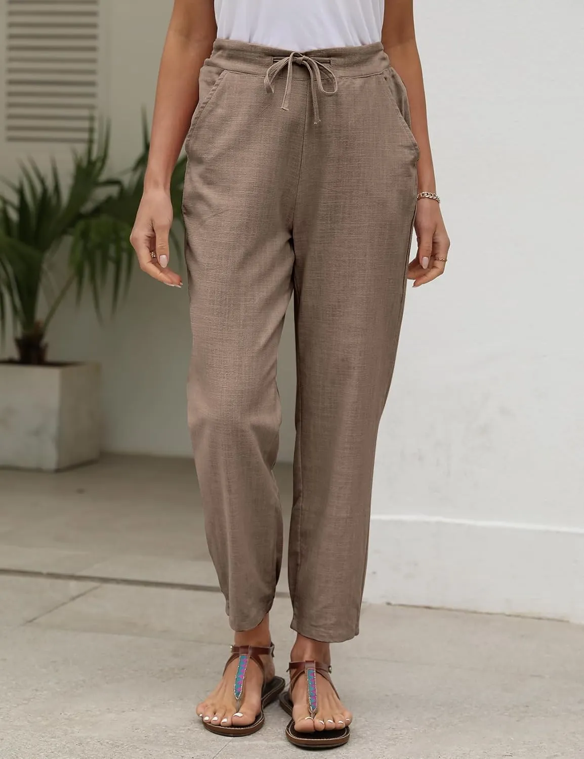 Gihuo Women's Tapered Linen Pants Casual Straight Leg Drawstring Elastic Waist Loose Comfy Joggers Trousers with Pockets