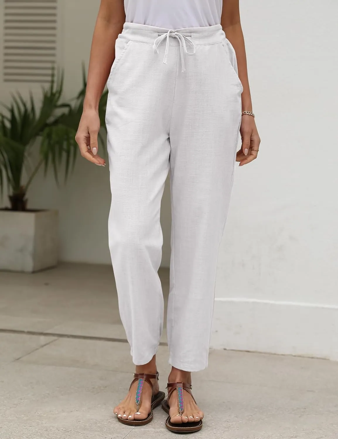 Gihuo Women's Tapered Linen Pants Casual Straight Leg Drawstring Elastic Waist Loose Comfy Joggers Trousers with Pockets