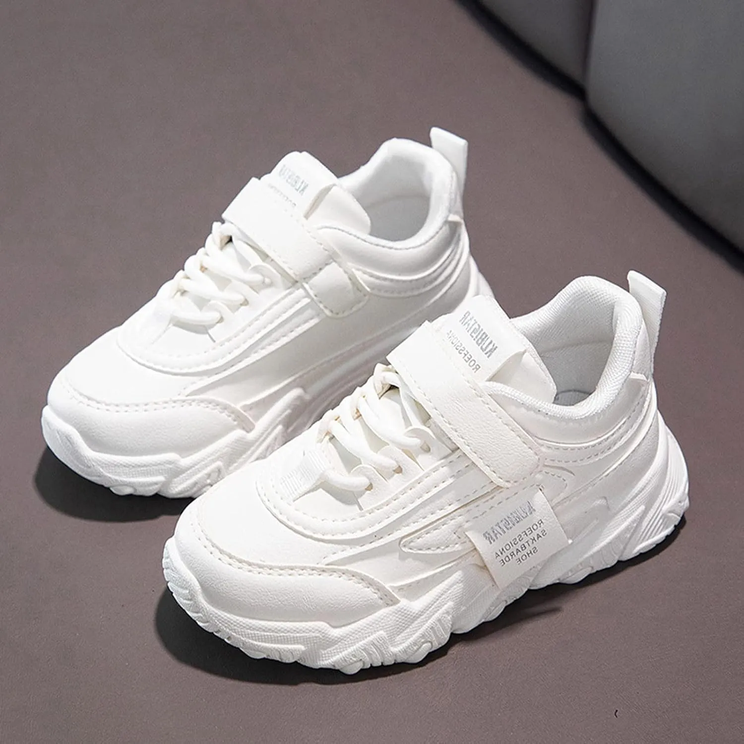 Girls' Sneakers 3-13 Years Children Boys Girls Fashion Sneaker Thick Sole Non Slip Lace Up Sports Shoes White Sneakers