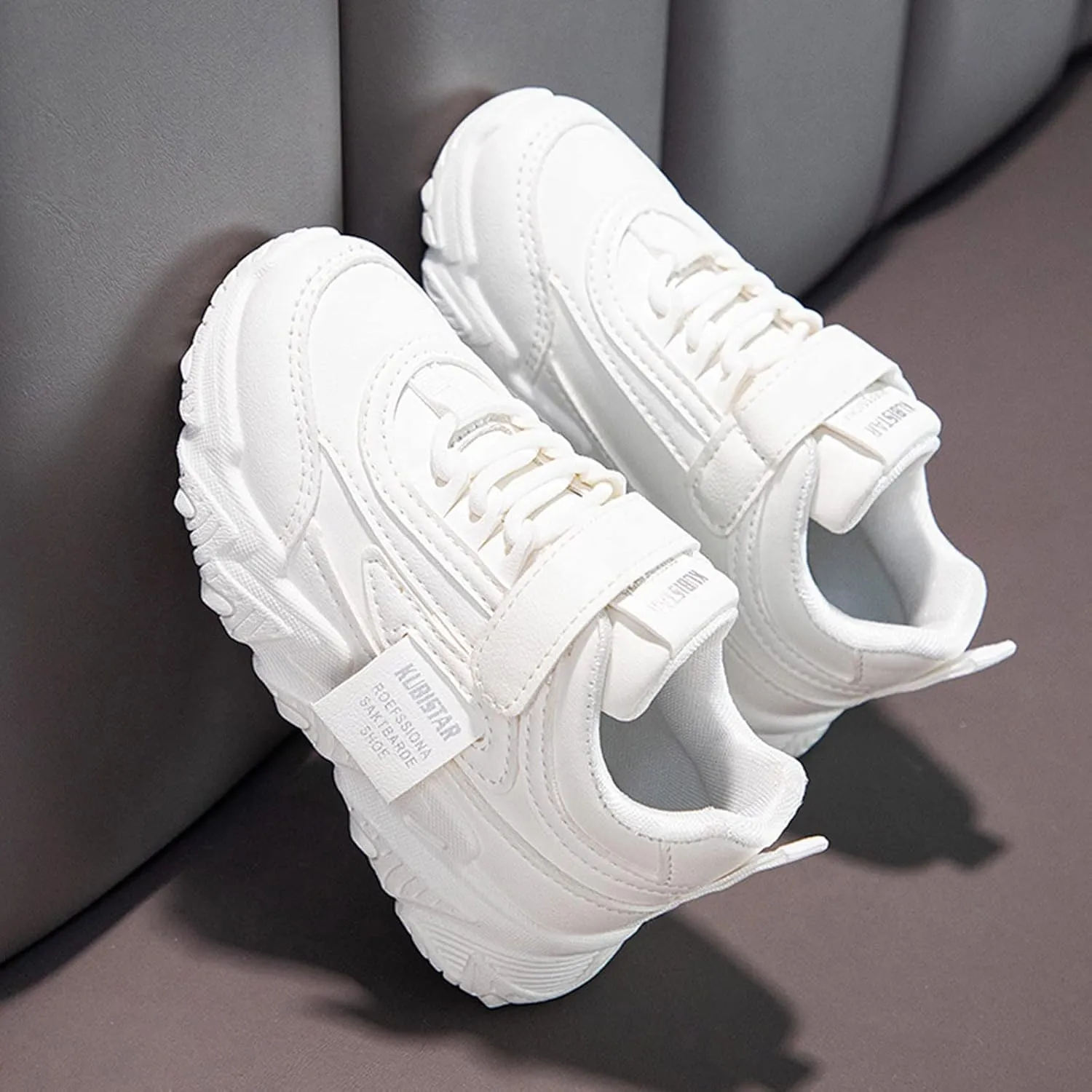 Girls' Sneakers 3-13 Years Children Boys Girls Fashion Sneaker Thick Sole Non Slip Lace Up Sports Shoes White Sneakers