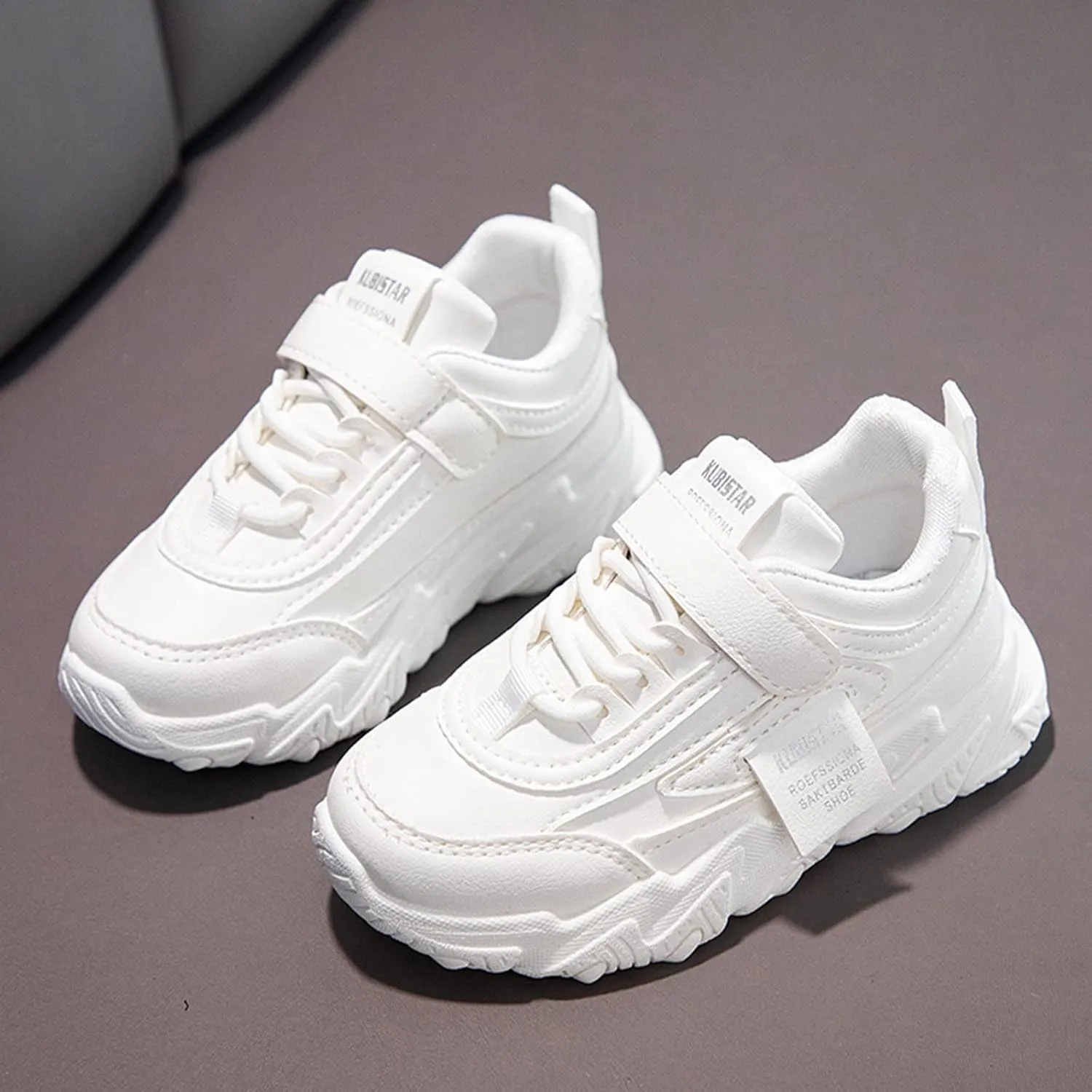 Girls' Sneakers 3-13 Years Children Boys Girls Fashion Sneaker Thick Sole Non Slip Lace Up Sports Shoes White Sneakers