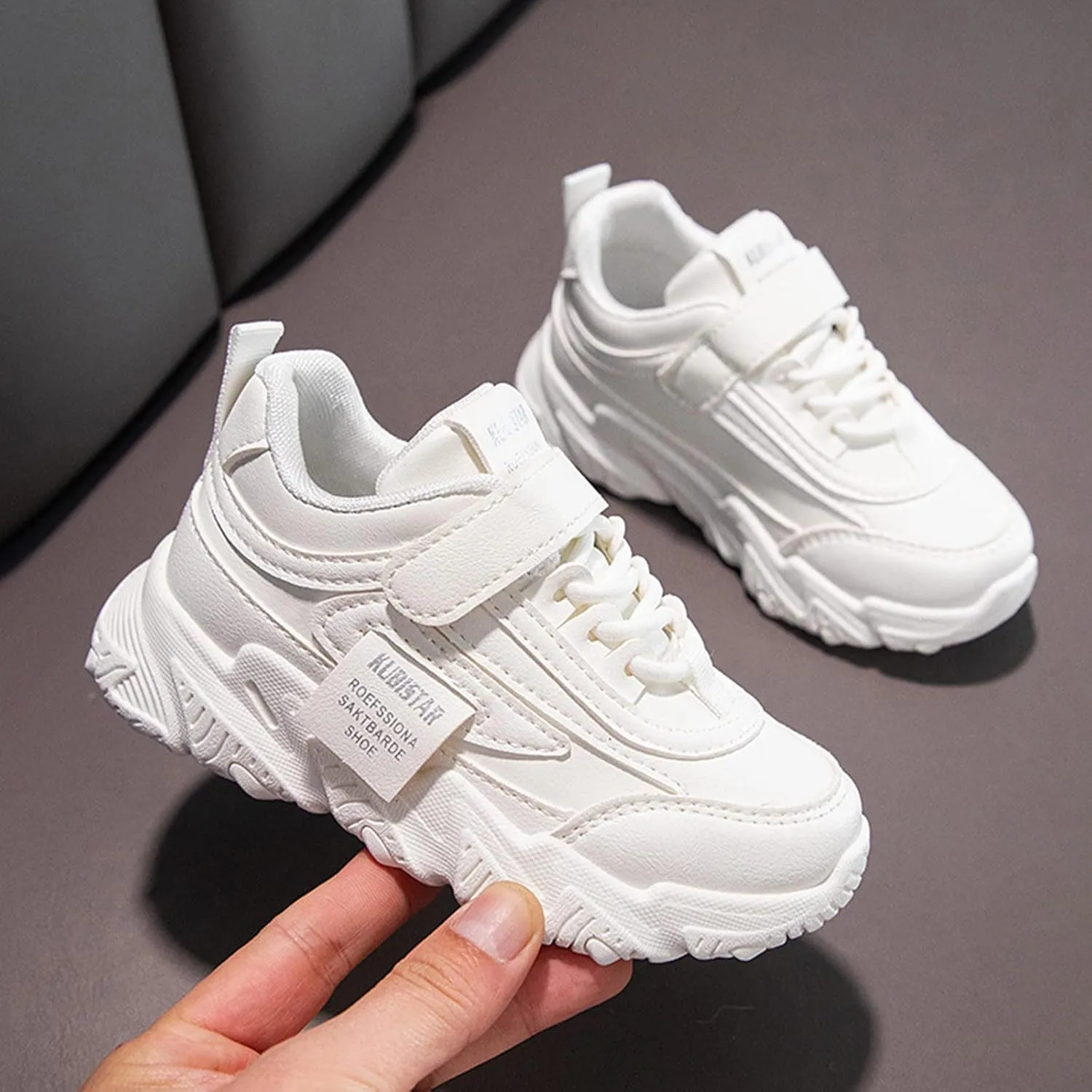 Girls' Sneakers 3-13 Years Children Boys Girls Fashion Sneaker Thick Sole Non Slip Lace Up Sports Shoes White Sneakers