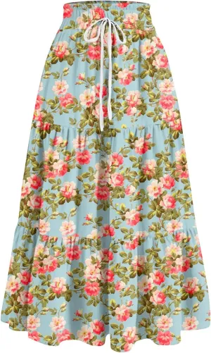 GOFULY Maxi Skirts for Women Flowy Summer Floral Print A-Line Long Skirt Drawstring Elastic High Waist Pleated Tiered Skirts