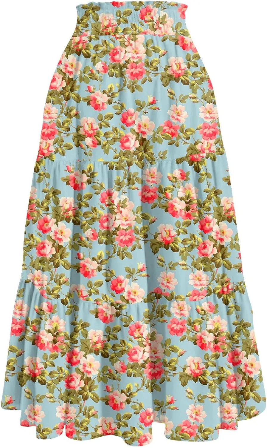 GOFULY Maxi Skirts for Women Flowy Summer Floral Print A-Line Long Skirt Drawstring Elastic High Waist Pleated Tiered Skirts
