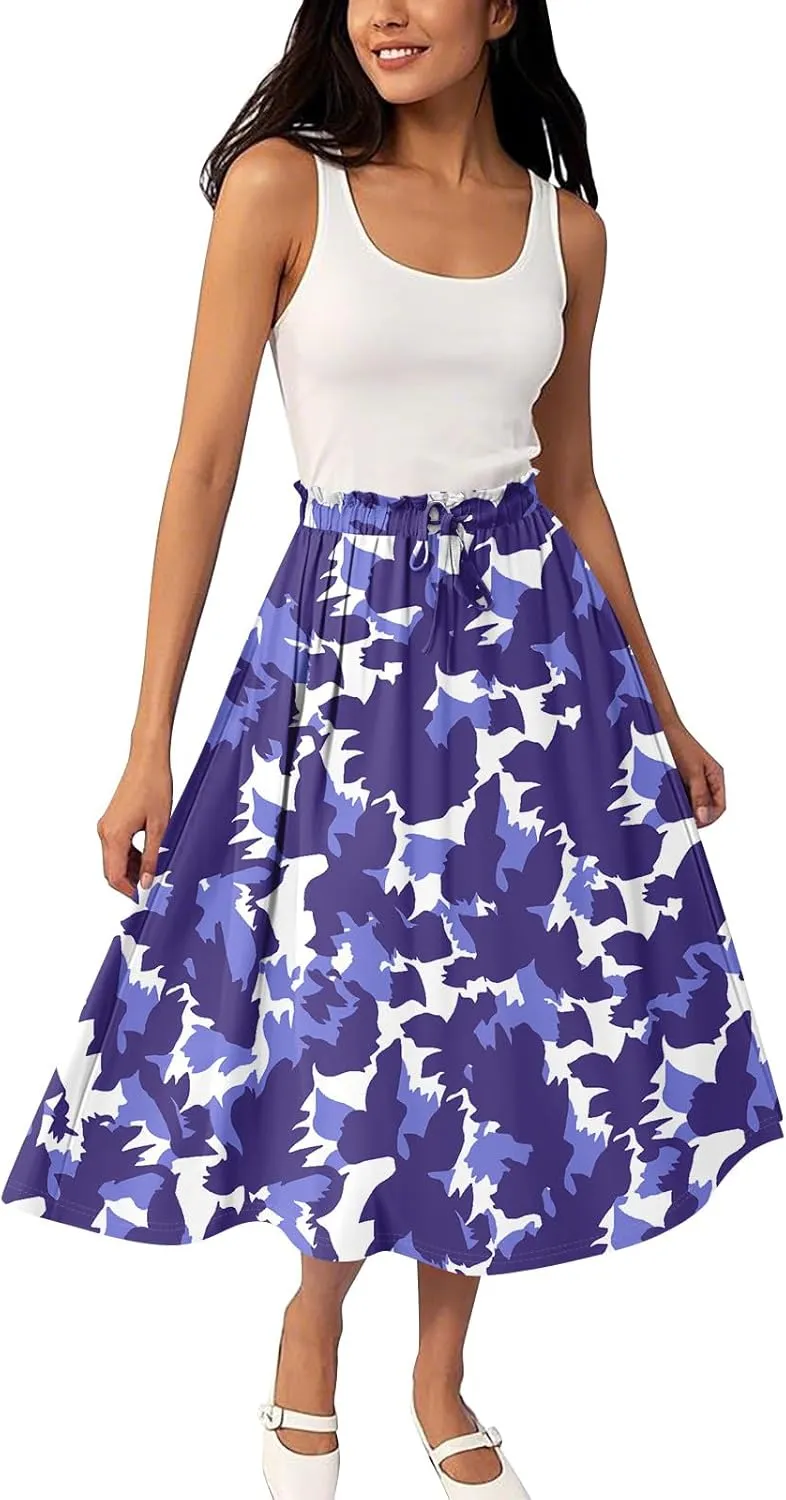 GOFULY Summer Skirts for Women 2025 Midi Length Floral Print A Line Boho Skirts Drawstring Elastic High Waist Smocked Skirt