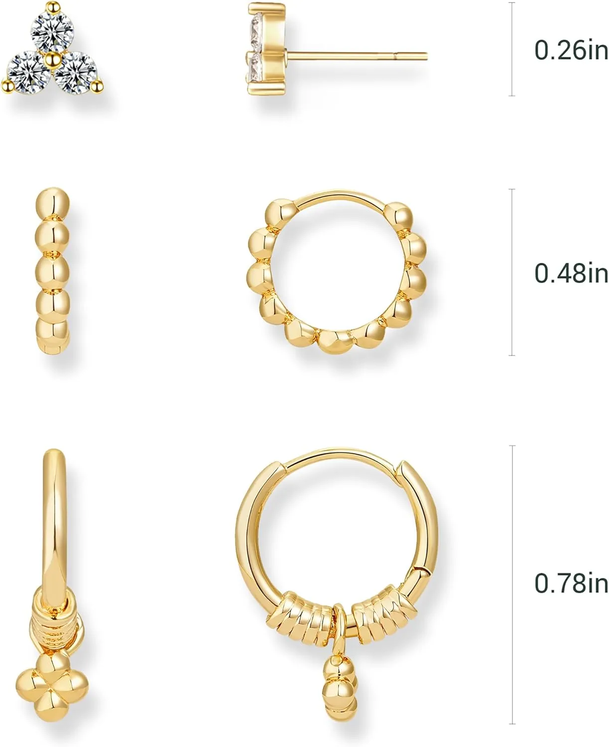 Gold Hoop Earrings Set for Women 14K Gold Plated Cubic Zirconia Small Huggie Hoop Stud Earring Stackable Multiple Piercing Lightweight Dainty Trendy Hypoallergenic Jewelry Gifts 3 Pairs