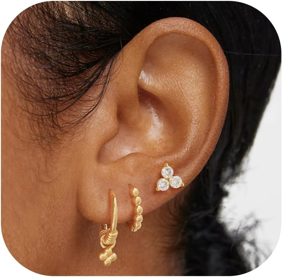 Gold Hoop Earrings Set for Women 14K Gold Plated Cubic Zirconia Small Huggie Hoop Stud Earring Stackable Multiple Piercing Lightweight Dainty Trendy Hypoallergenic Jewelry Gifts 3 Pairs
