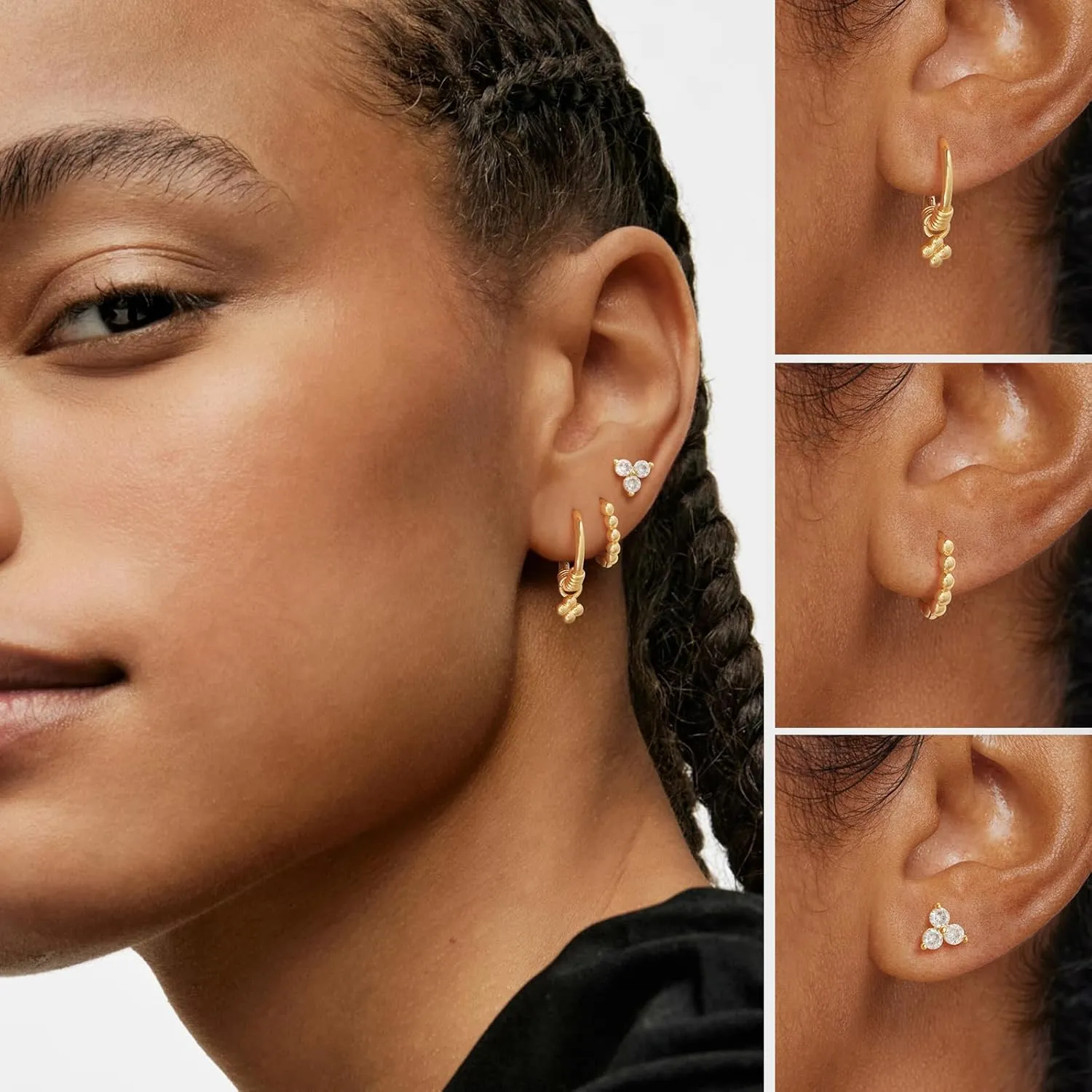 Gold Hoop Earrings Set for Women 14K Gold Plated Cubic Zirconia Small Huggie Hoop Stud Earring Stackable Multiple Piercing Lightweight Dainty Trendy Hypoallergenic Jewelry Gifts 3 Pairs